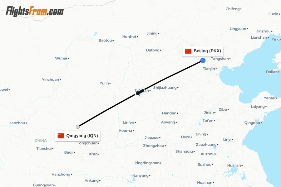 Flights from Beijing to Qingyang route map