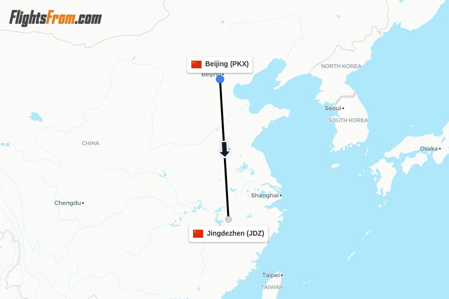 Flights from Beijing to Jingdezhen route map