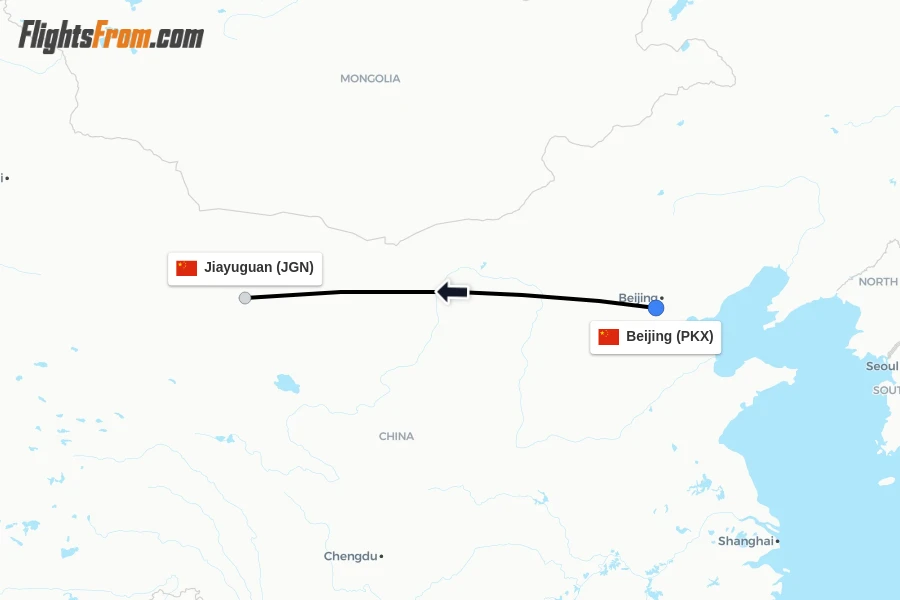 Flights from Beijing to Jiayuguan route map