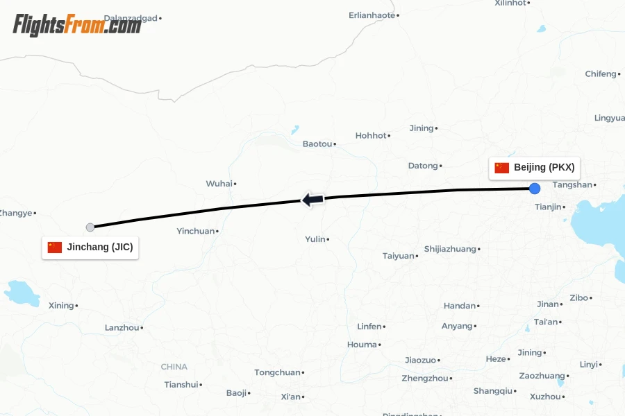 Flights from Beijing to Jinchang route map