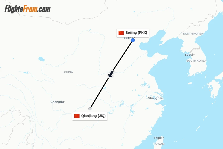 Flights from Beijing to Qianjiang route map