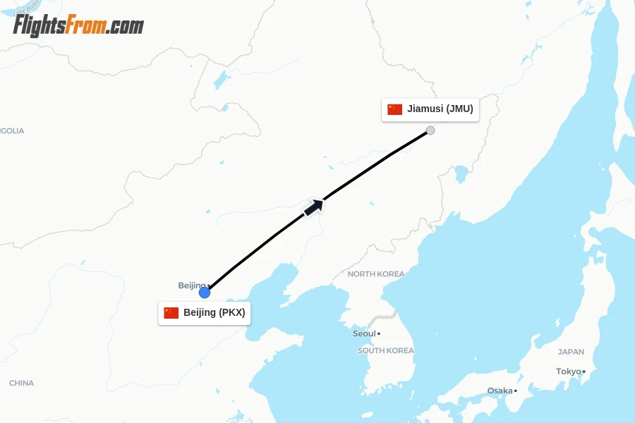 Flights from Beijing to Jiamusi route map