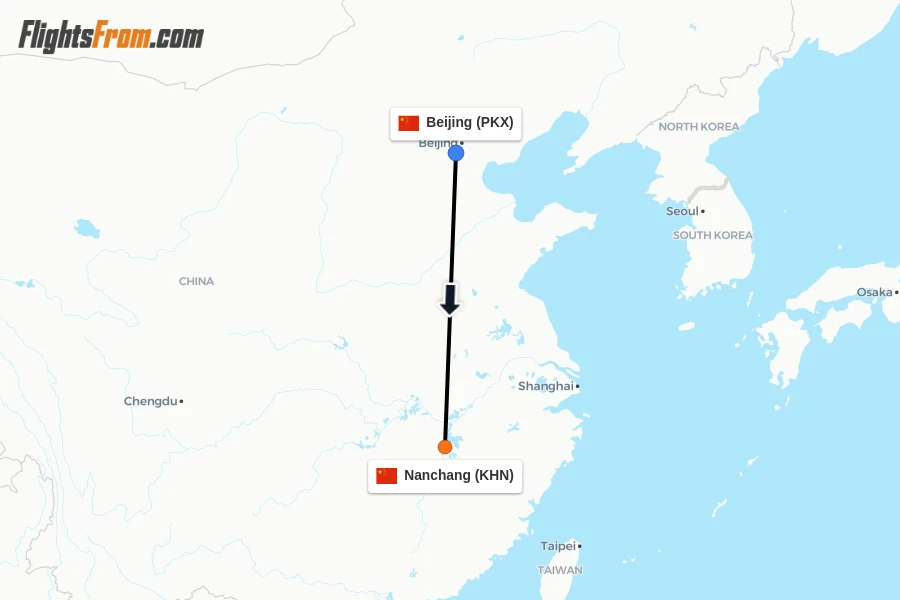 Flights from Beijing to Nanchang route map