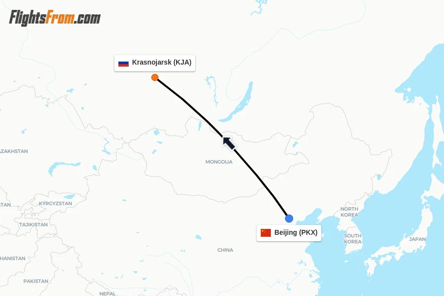Flights from Beijing to Krasnojarsk route map