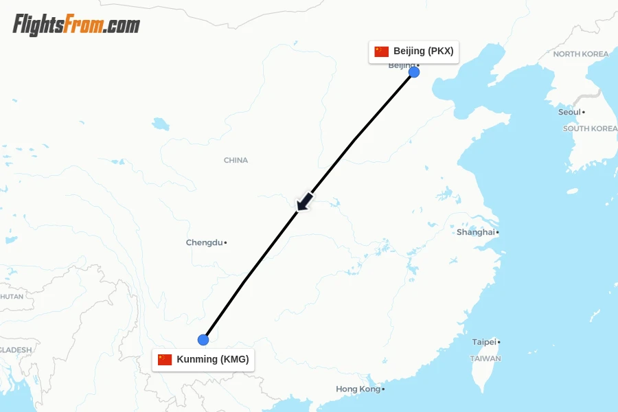 Flights from Beijing to Kunming route map