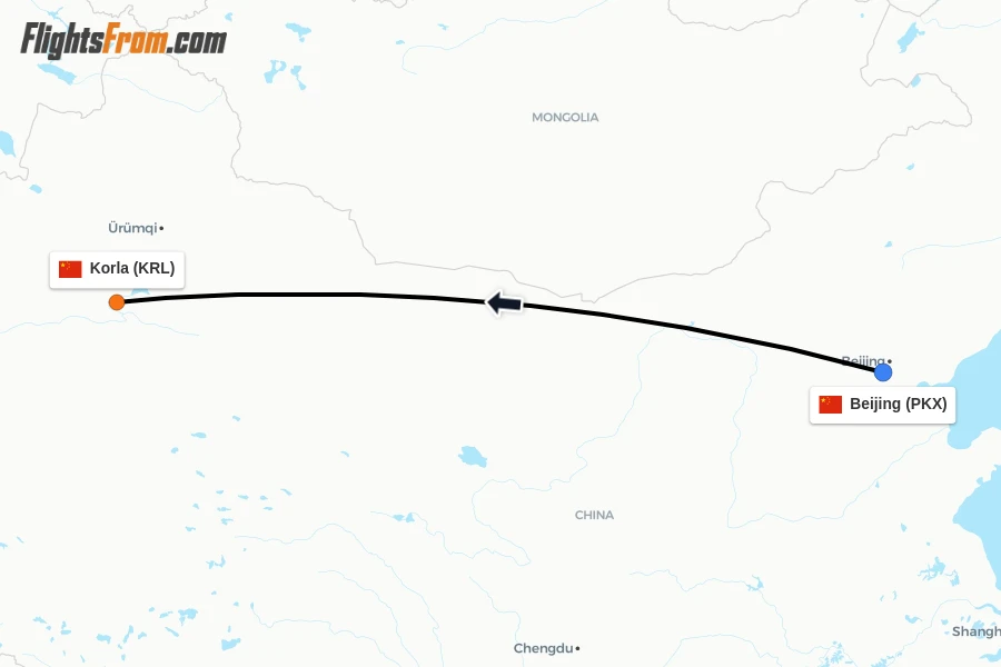 Flights from Beijing to Korla route map