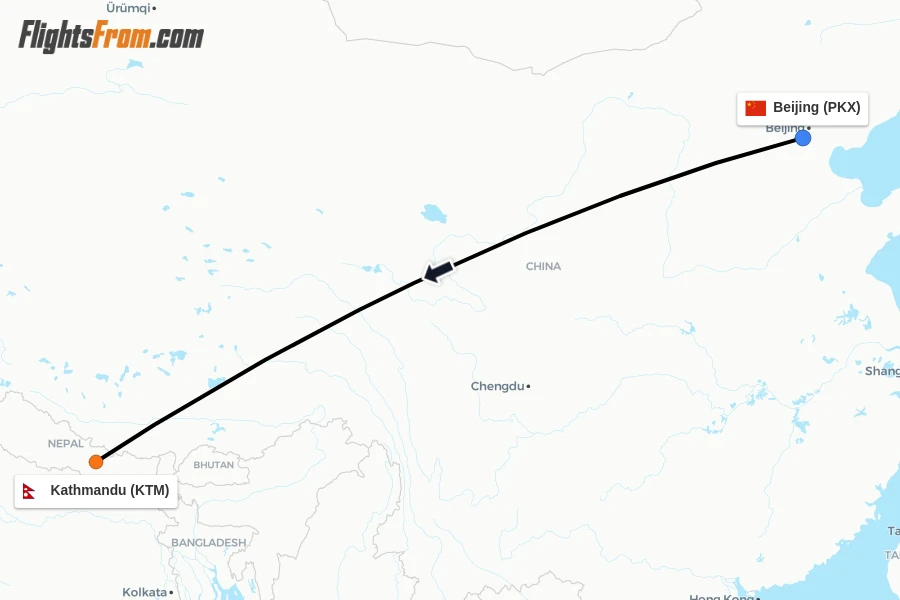 Flights from Beijing to Kathmandu route map