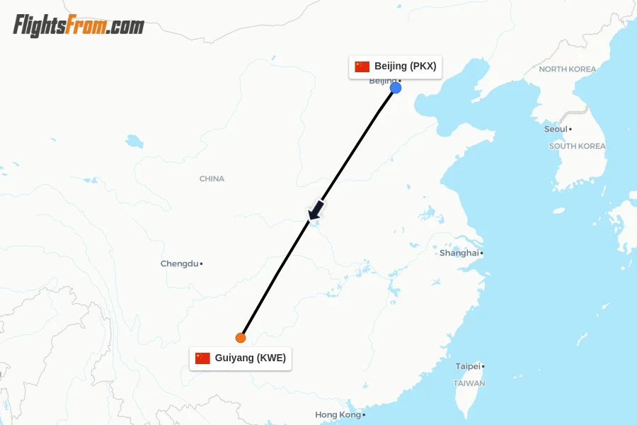 Flights from Beijing to Guiyang route map