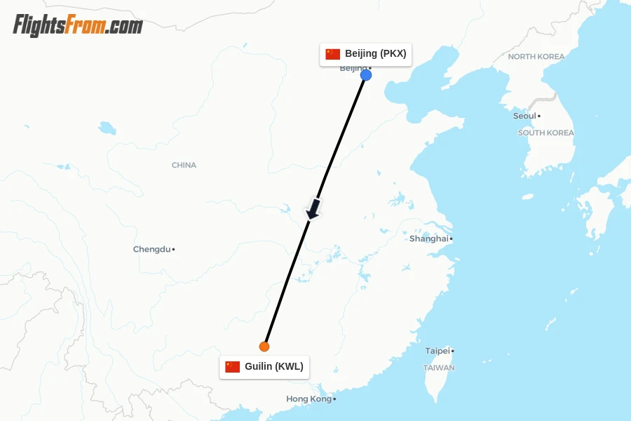 Flights from Beijing to Guilin route map