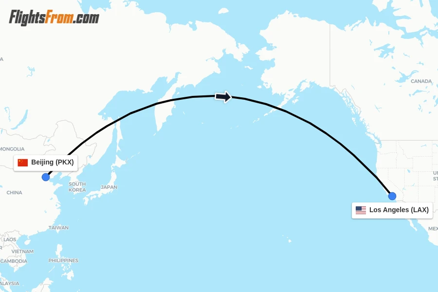 Flights from Beijing to Los Angeles route map