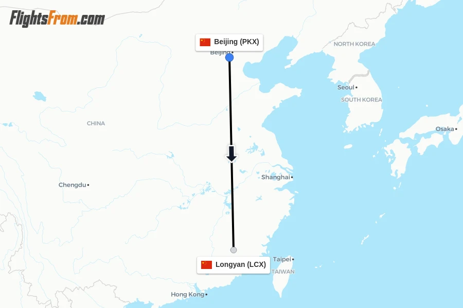Flights from Beijing to Longyan route map