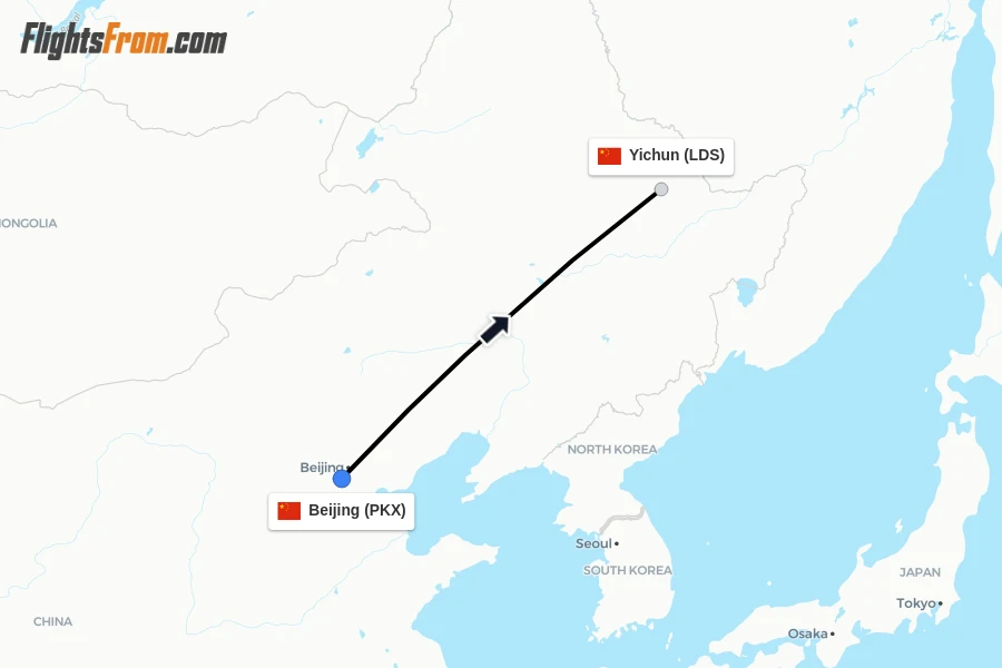 Flights from Beijing to Yichun route map