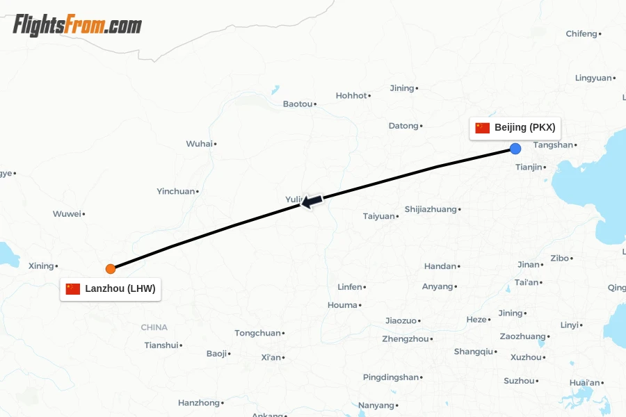 Flights from Beijing to Lanzhou route map