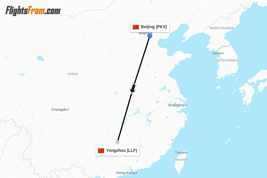 Flights from Beijing to Yongzhou route map