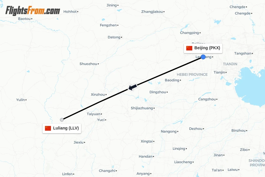Flights from Beijing to Luliang route map