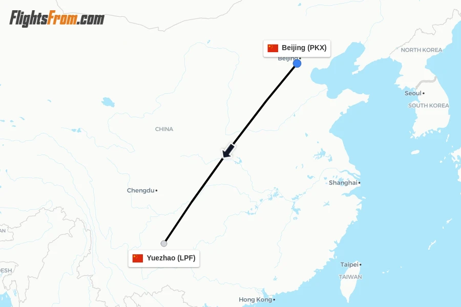 Flights from Beijing to Yuezhao route map