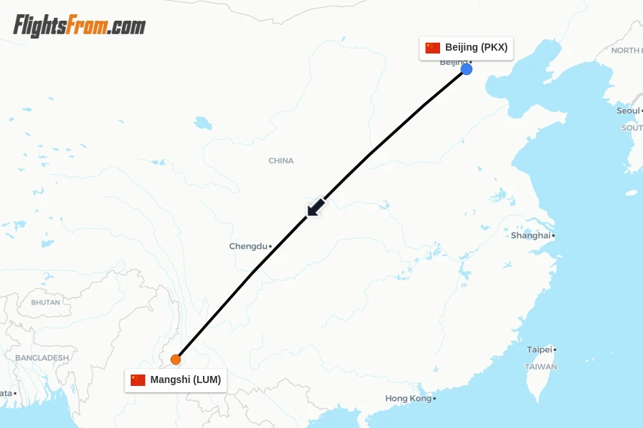 Flights from Beijing to Mangshi route map