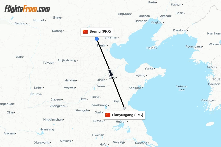 Flights from Beijing to Lianyungang route map