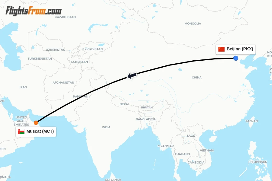 Flights from Beijing to Muscat route map