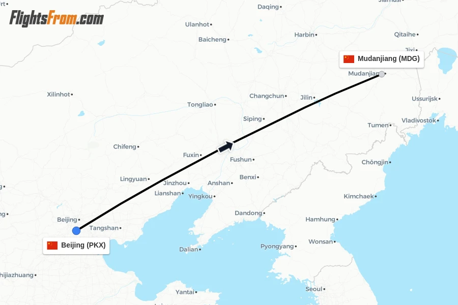Flights from Beijing to Mudanjiang route map