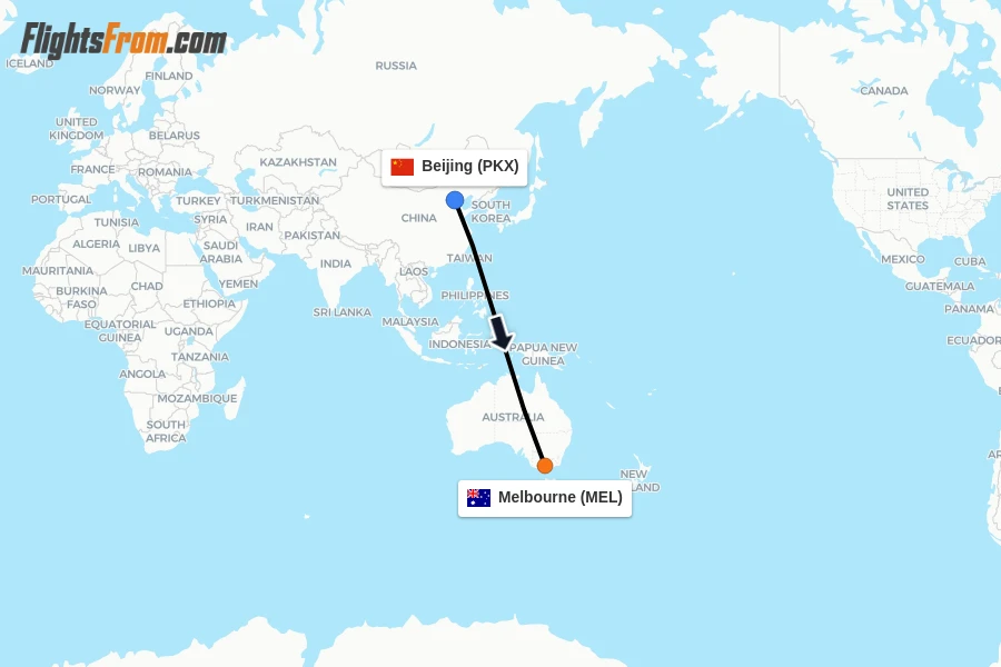 Flights from Beijing to Melbourne route map