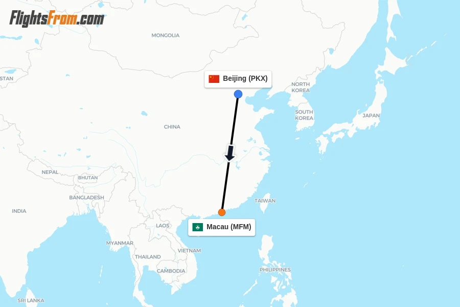 Flights from Beijing to Macau route map