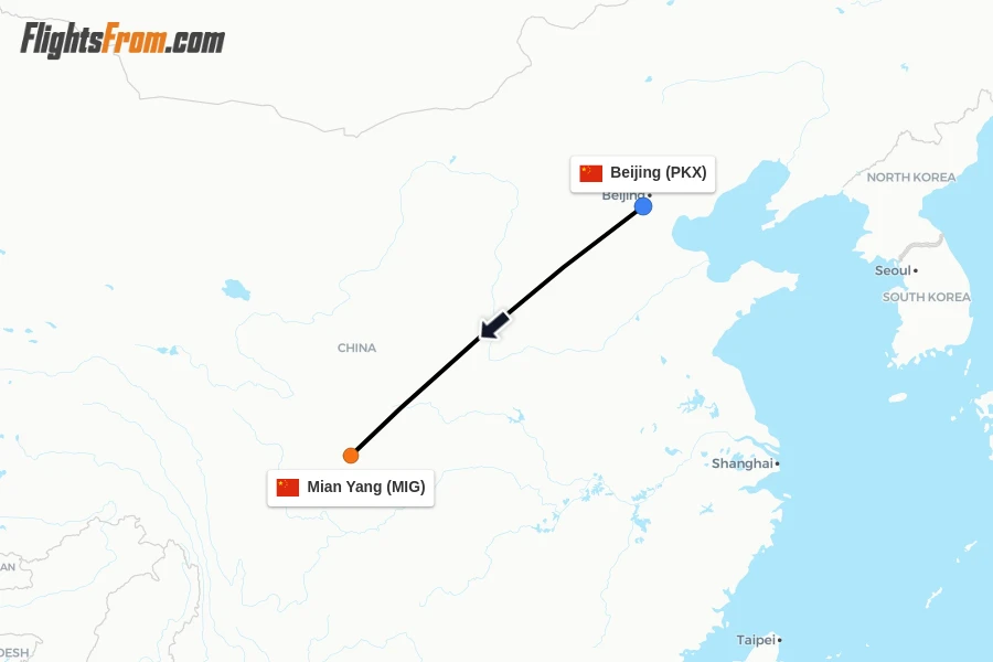 Flights from Beijing to Mian Yang route map