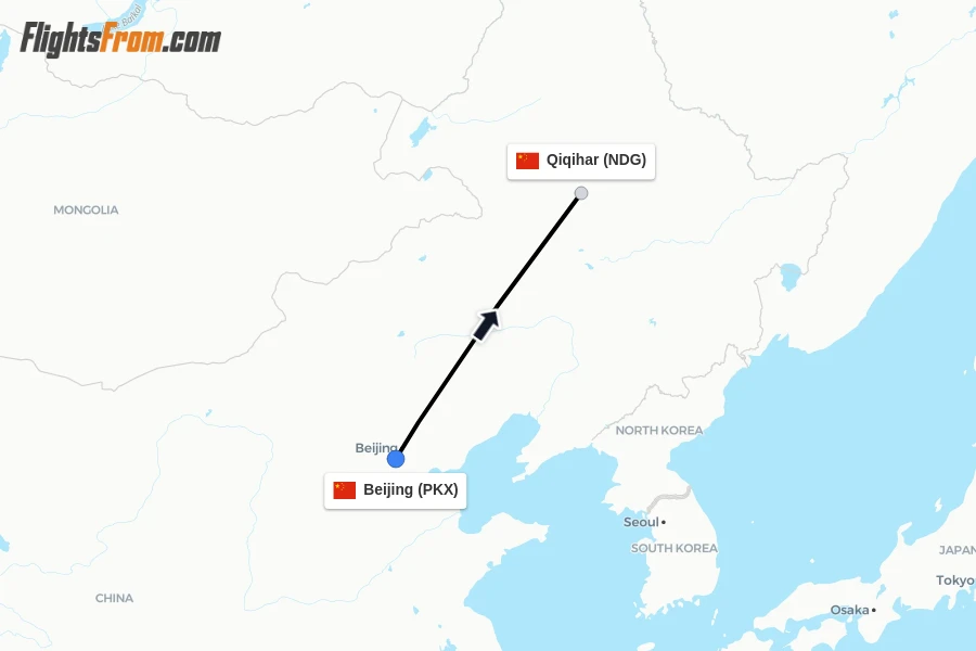 Flights from Beijing to Qiqihar route map