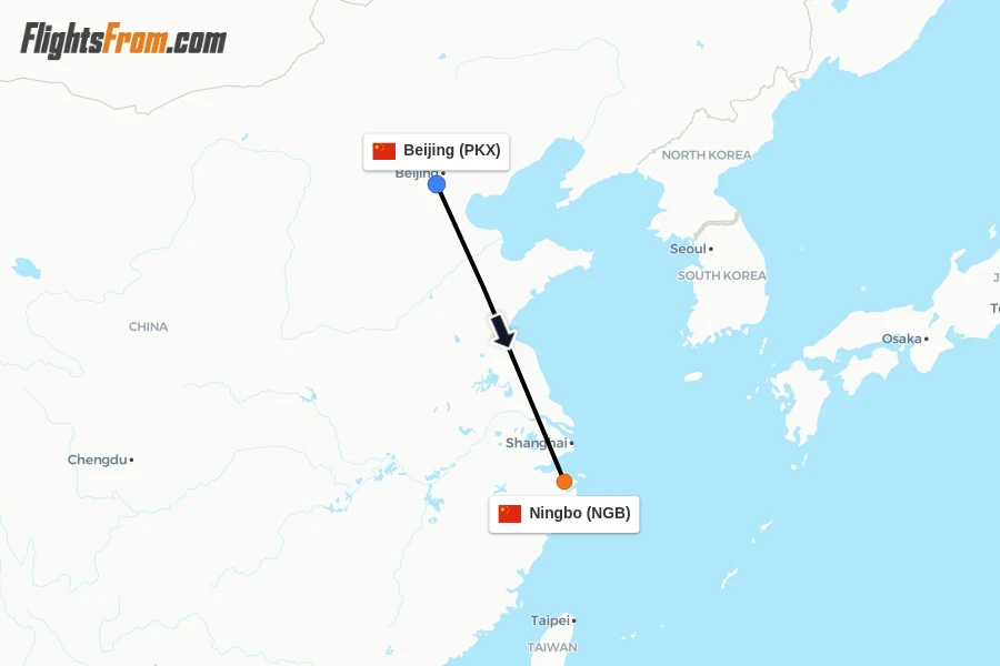 Flights from Beijing to Ningbo route map