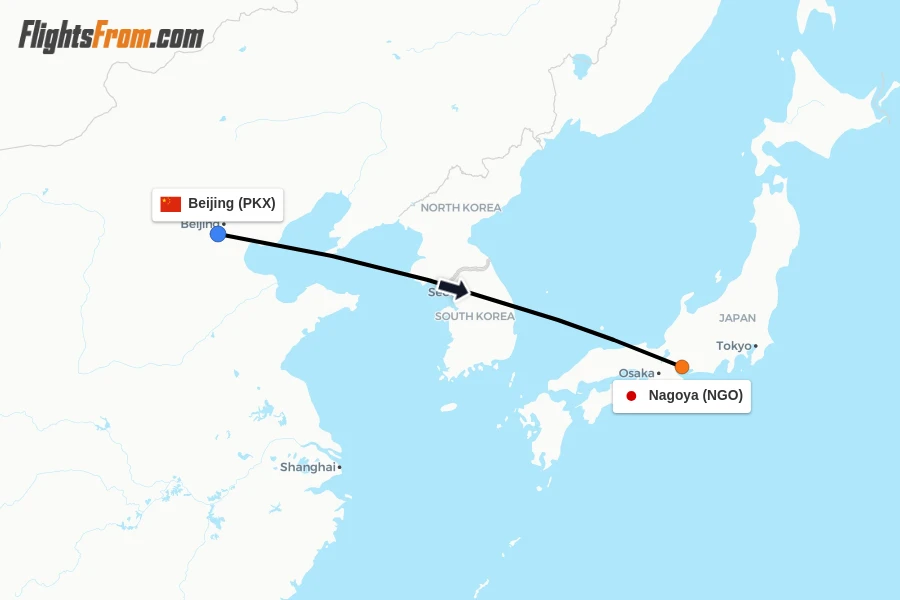 Flights from Beijing to Nagoya route map