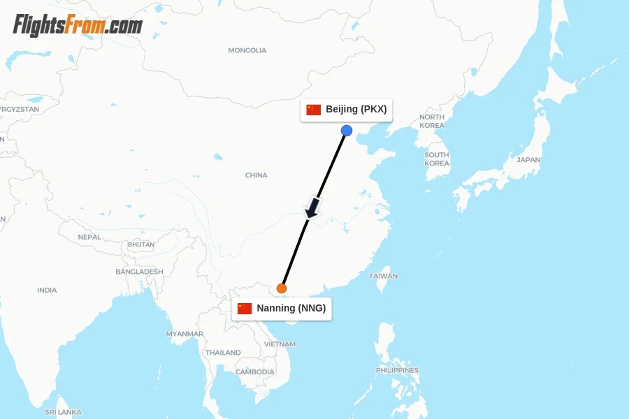 Flights from Beijing to Nanning route map
