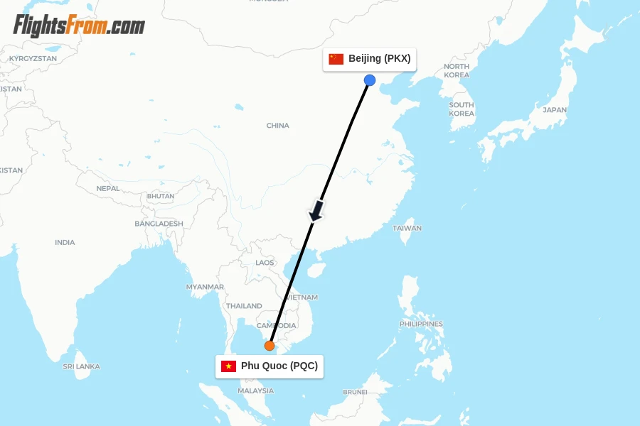 Flights from Beijing to Phu Quoc route map