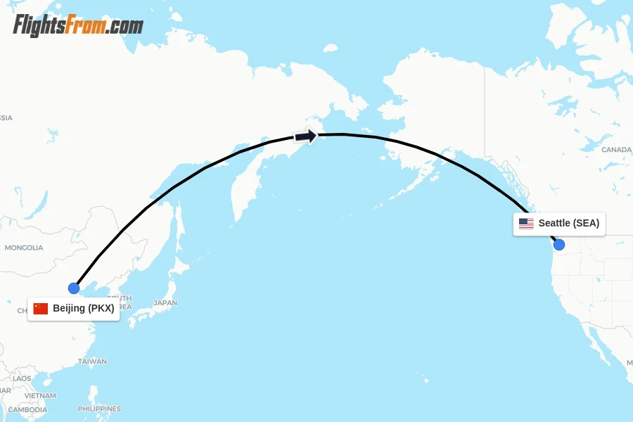 Flights from Beijing to Seattle route map