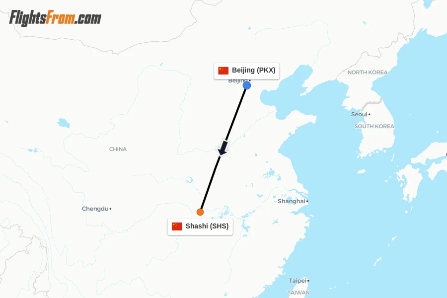 Flights from Beijing to Shashi route map