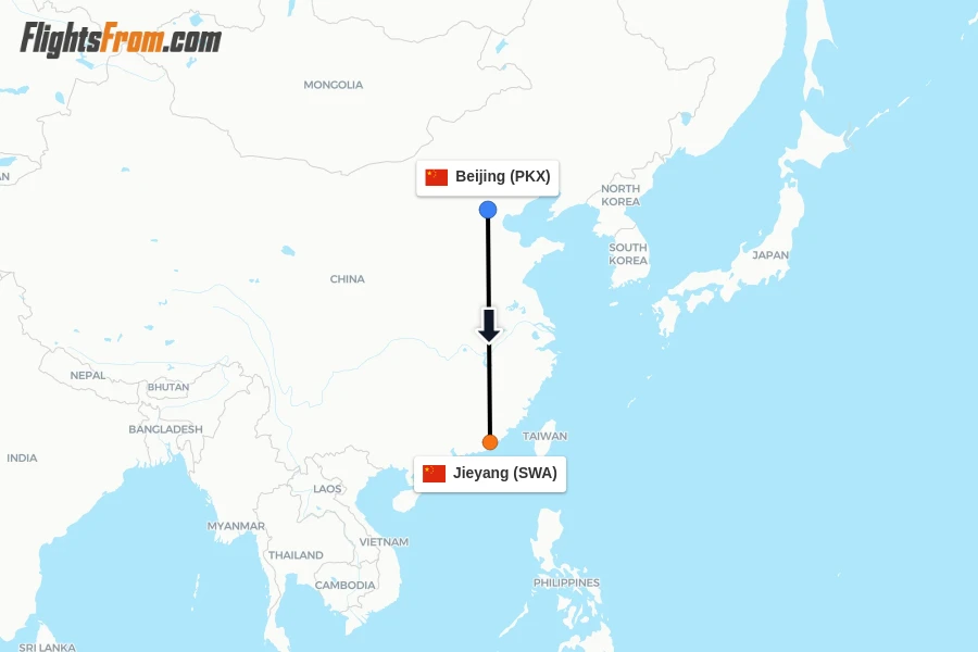 Flights from Beijing to Jieyang route map