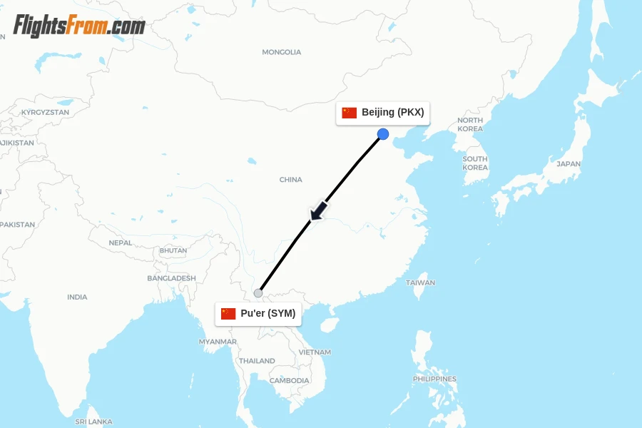 Flights from Beijing to Pu'er route map