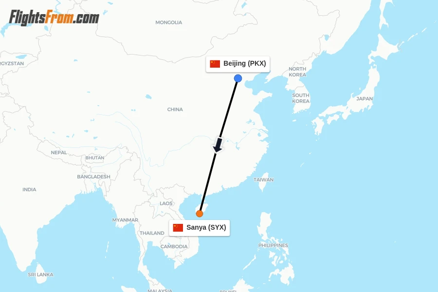Flights from Beijing to Sanya route map
