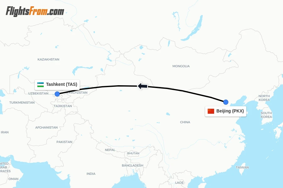 Flights from Beijing to Tashkent route map