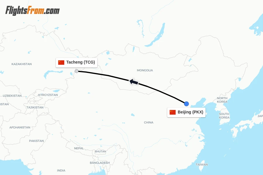 Flights from Beijing to Tacheng route map