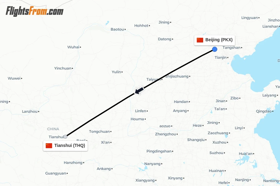 Flights from Beijing to Tianshui route map