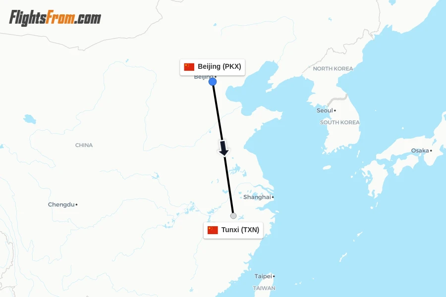 Flights from Beijing to Tunxi route map
