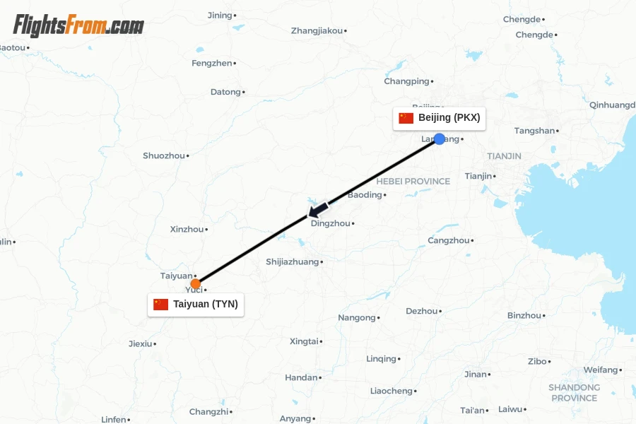 Flights from Beijing to Taiyuan route map