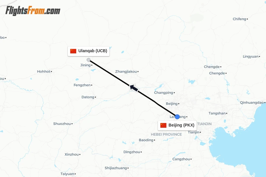 Flights from Beijing to Ulanqab route map