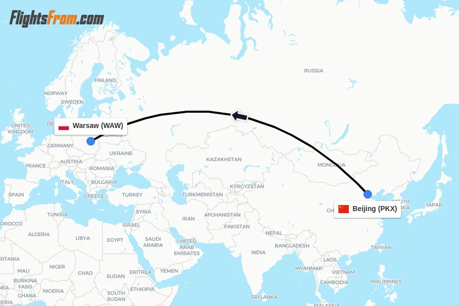 Flights from Beijing to Warsaw route map