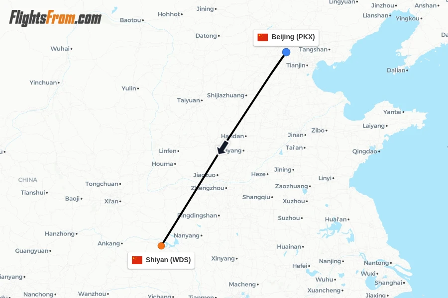 Flights from Beijing to Shiyan route map