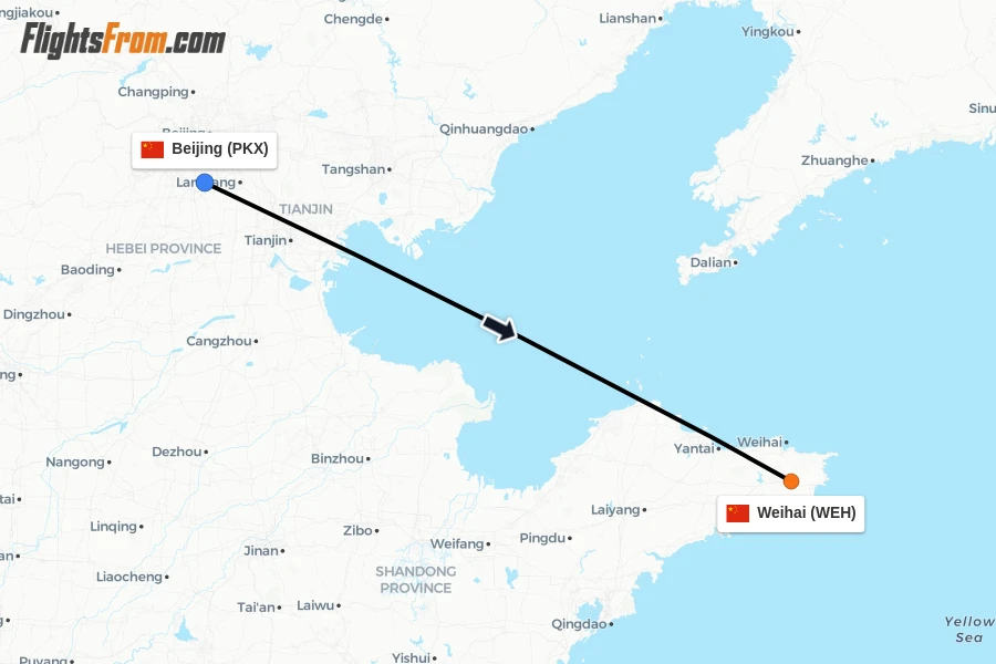 Flights from Beijing to Weihai route map
