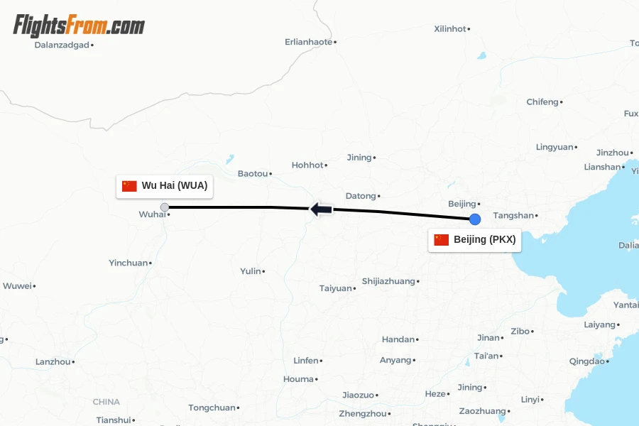 Flights from Beijing to Wu Hai route map