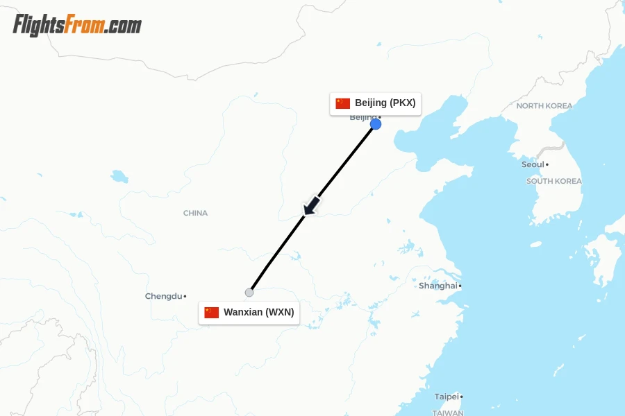 Flights from Beijing to Wanxian route map