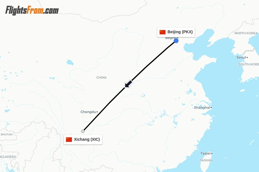 Flights from Beijing to Xichang route map