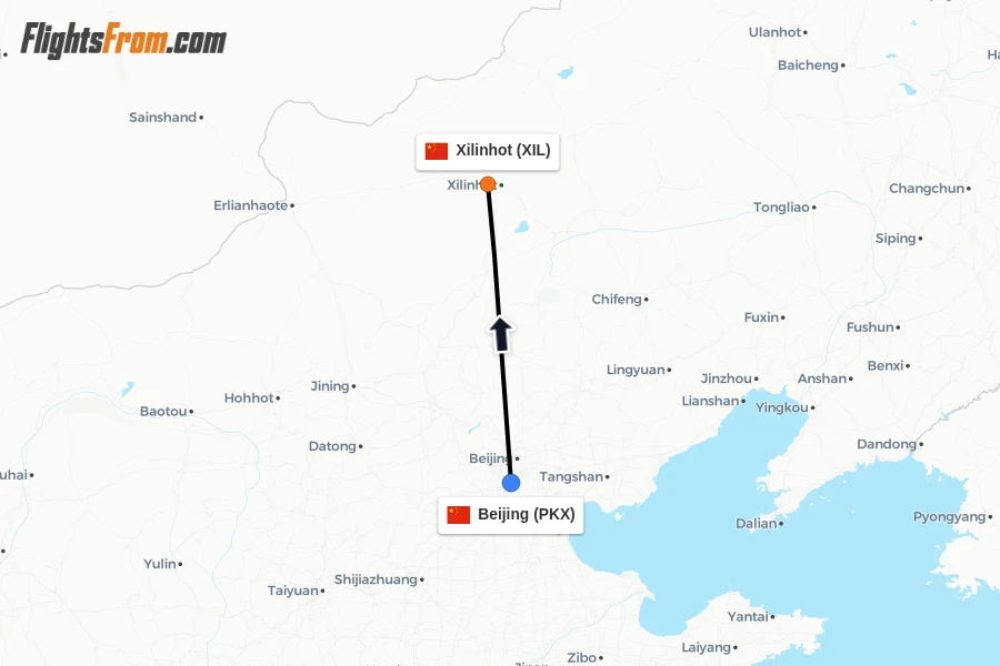 Flights from Beijing to Xilinhot route map